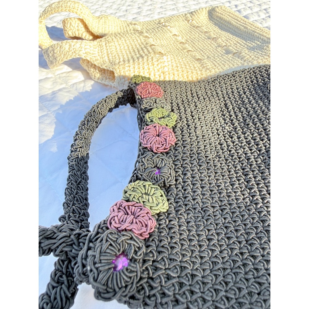 Lot of 2 Crochet Knit Tote Bags Floral Beaded Boho Shoulder Bags Black Tan